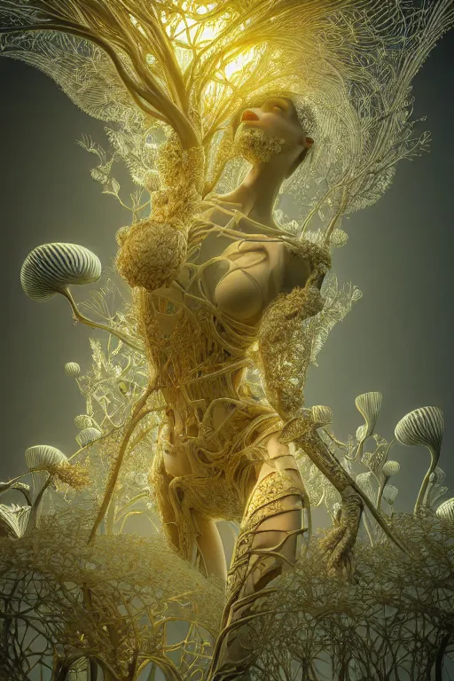 Image similar to intricate hyper detailed ultra sharp 3 d render, unity of mood, biomechanical cyborg ladies dancing, atmospheric, foliage, white large pore fungi, cyberpunk art nouveau, haute couture alexander mcqueen leaves stems dahlia blooming transparent fractal filigree roots, intricate details, octane render, volumetric cinematic lighting, natural beautiful light, yellow infrared, lumiol, 8 k,