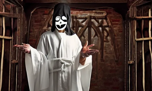 Image similar to cultist in robe with mask and gloves, satanic church interior, ceremonial, realistic photo, cctv footage, horror lighting, dim lighting