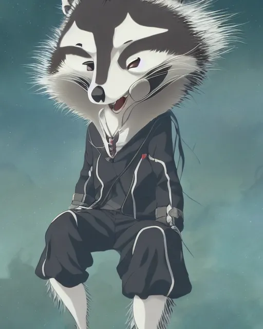 Image similar to key anime visuals of a an anthropomorphic raccoon. highly detailed, intricate, directed by makoto shinkai, anime manga style, trending on art station