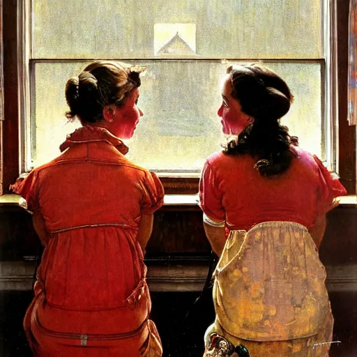 Image similar to high quality high detail painting by norman rockwell, hd, two beautiful young women are conjoined twins, photorealistic lighting