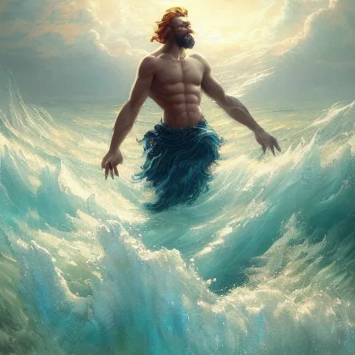 Prompt: vintage beautiful painting of mystical merman god of the sea rising up from the deep blue waves, oil painting by Greg Rutkowski and Charlie Bowater and Artgerm, unreal 5, DAZ, trending on artstation, dynamic lighting, misty, ocean, blue theme