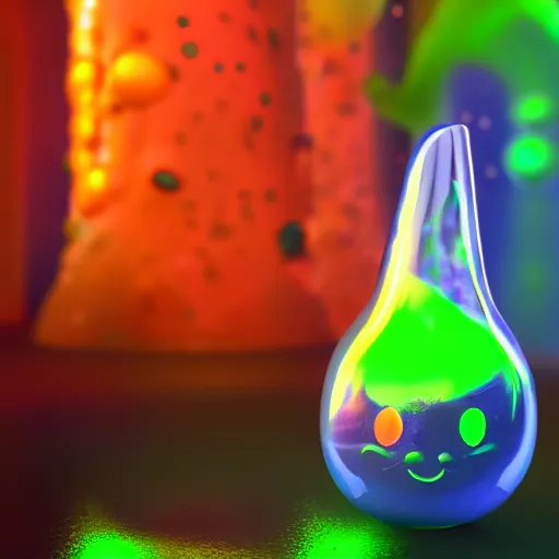 Image similar to lava lamp, gelatinous cute creature inside, happy, playful, vivid, globules, 8 k, octane render