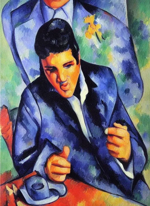 Prompt: oil painting of elvis presley by cezanne