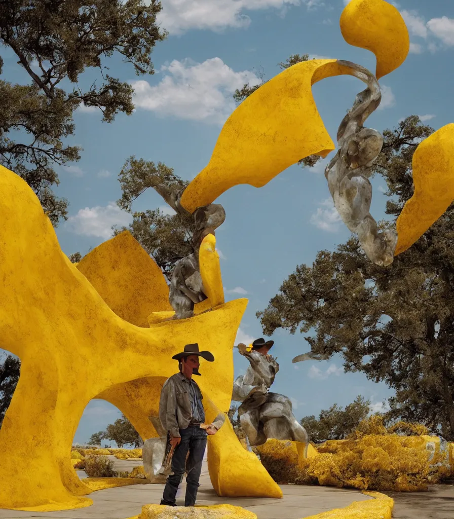 Image similar to a cowboy turning into blooms by slim aarons, by zhang kechun, by lynda benglis. tropical sea slugs, brutalist monumental angular sharp tractor tires. complementary colors. warm soft volumetric dramatic light. national geographic. 8 k, rendered in octane, smooth gradients. sculpture by antonio canova. yellow accents.