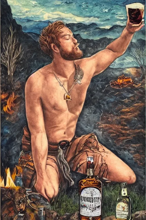 Prompt: a dramatic, epic, ethereal painting of a !!handsome!! thicc mischievous shirtless cowboy with a beer belly wearing a large belt and bandana offering a whiskey bottle | he is relaxing by a campfire | background is a late night with food and jugs of whisky | homoerotic | stars, tarot card, art deco, art nouveau, intricate | by Mark Maggiori (((and Alphonse Mucha))) | trending on artstation