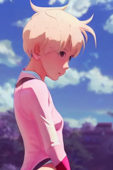 Image similar to blonde little girl wearing an pink and white hero outfit, digital artwork made by artgerm lau and makoto shinkai, shaped focus, heroic composition, hero pose, inspired by peni parker from spiderverso, smooth