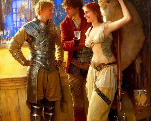 Image similar to attractive arthur pendragon and attractive lancelot go to a pub together to have some drinks. highly detailed painting by gaston bussiere, craig mullins, j. c. leyendecker 8 k