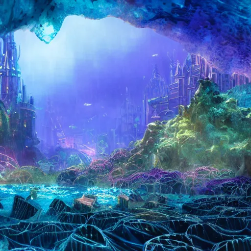 Prompt: a fantasy atlantis city underwater, desolated, fluorescent kelps, electricity lightning, furry, soft, concept art, sharp focus, intricate details, highly detailed, photorealistic, disney pixar, octane render, iridescent, anime, big field of view, 8 k