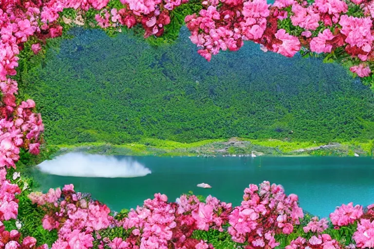 Prompt: surrounded by mountains, lake in the middle, small island in the middle of the lake, the island is full of flowers, movie texture, 8 k, rich details