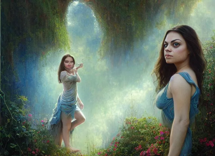 Image similar to Mila Kunis staring into the camera, misty wisps, Lilia Alvarado, Sophie Anderson, Mark Arian, Bob Byerley, Charlie Bowater, Mark Brooks, Steve Henderson, Justin Gerard, Arthur Hughes, Edward Robert Hughes, Mark Keathley, Victor Nizovtsev, Carlos Shwabe, Ross Tran, WLOP