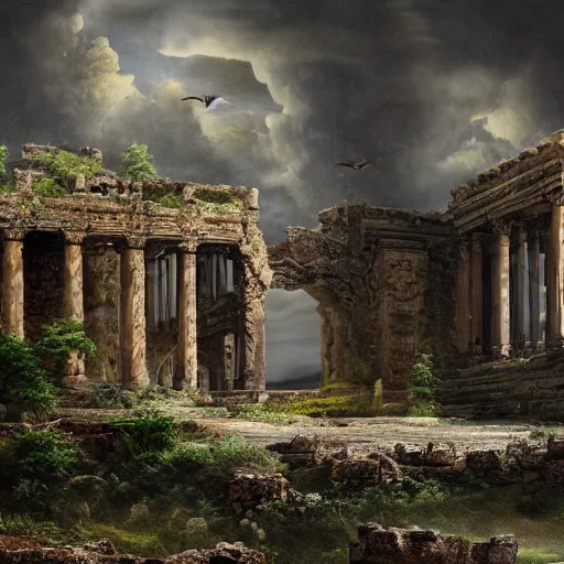 Prompt: intricate matte painting, dramatic landscape, ruins