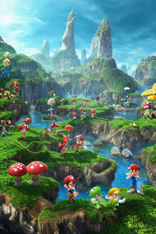 Prompt: Photo realistic, 8K UHD,high resolution : (background = the mushroom kingdom in the style of futuristic 18th/19th/20th century concept art detailed realistic )