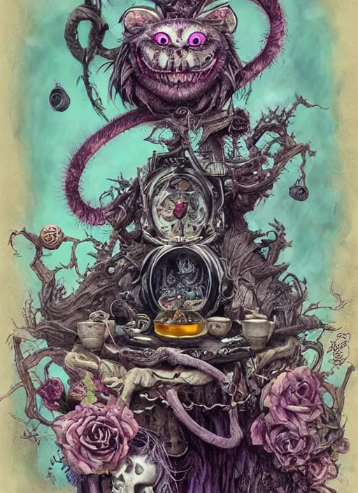 Prompt: Cheshire Cat drinking tea with Alice in wonderland,death tarot card,highly detailed,half skull face,cinematic,8k,by Stanley Artgermm,Tom Bagshaw,Greg Rutkowski,Carne Griffiths, Ayami Kojima, Beksinski, Giger,trending on DeviantArt,hyper detailed,horror, full of colour