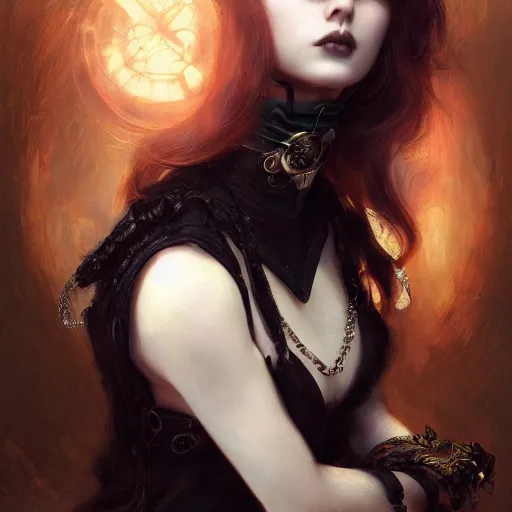 Prompt: Portrait of gothic pale girl with piercing from steampunk, elegant, vibrant, dark fantasy, intricate, smooth, artstation, painted by edgar maxence, greg rutowski, ross tran, artgerm