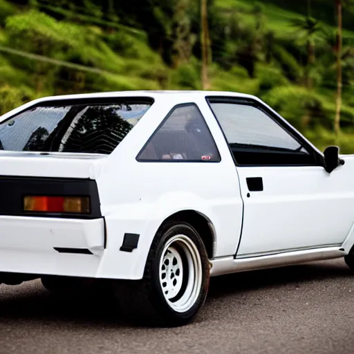 Image similar to Toyota AE86 Trueno white with black capo drifting through quindio\'s mountains with a cloud of white smoke coming out of the rear tires, photography, 8k