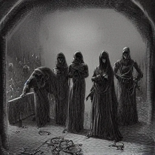 Image similar to 9 steel barrels in a graveyard, 2 zombies, creepy atmosphere, dark, portrait, realistic, illustration by gustave dore