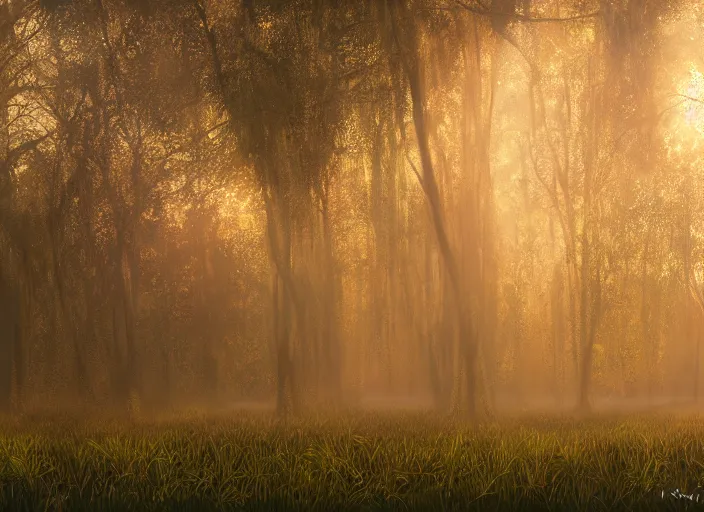 Image similar to misty swamp in early morning, hazy fog, sundown golden hour, firefly wisps, sun rays through trees, Lilia Alvarado, Sophie Anderson, Mark Arian, Bob Byerley, Charlie Bowater, Mark Brooks, Steve Henderson, Justin Gerard, Arthur Hughes, Edward Robert Hughes, Mark Keathley, Victor Nizovtsev, Carlos Shwabe, Ross Tran, WLOP