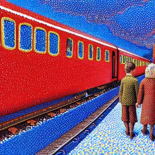 Prompt: an pointillist painting of two hobbits standing on the platform of a train station, a big red train is waiting at the platform