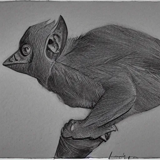 Image similar to hipposideros griffini but as a wildlife sketch. hipposideros griffini charcoal wildlife drawing, in habitat, by john banovish. detailed charcoal, intricate, scientific field study. charcoal on canvas. 5 8