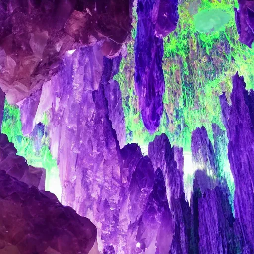 Prompt: ultra high definition 8 k nature documentry footage of an ethereal city skyscrapers giant amethyst opal bismuth crystals stalagtites stalagmites david attenborough planet earth documentry nat geo