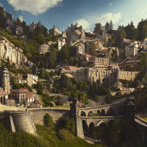 Prompt: A medieval city on the mountain side overlooking golden hills by Caravaggio, octane render, 3D, concept art, cinematic, hyper realism, artstation