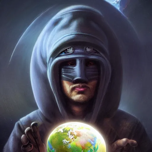 Image similar to masked nomad male wearing a cloak on an alien world and holding a holographic planet projection in his hand, detailed, sci - fi, digital painting, artstation, sharp focus, illustration, ominous, artgerm, tomasz alen kopera, peter mohrbacher, donato giancola, joseph christian leyendecker, wlop, frank frazetta