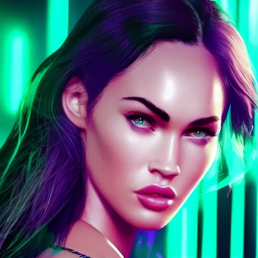 Prompt: Megan Fox portrait, ultra photorealistic, Cyberpunk 2077, neon, octane, bokeh, 8k