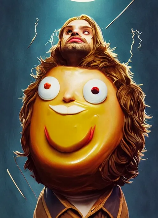 Prompt: highly detailed comedy caper movie poster with flan pudding faced sebastian stan as a sentient flan pudding, sebastian stan face made from wibbly wobbly flan pudding by greg rutkowski, masterpiece, 1 0 / 1 0