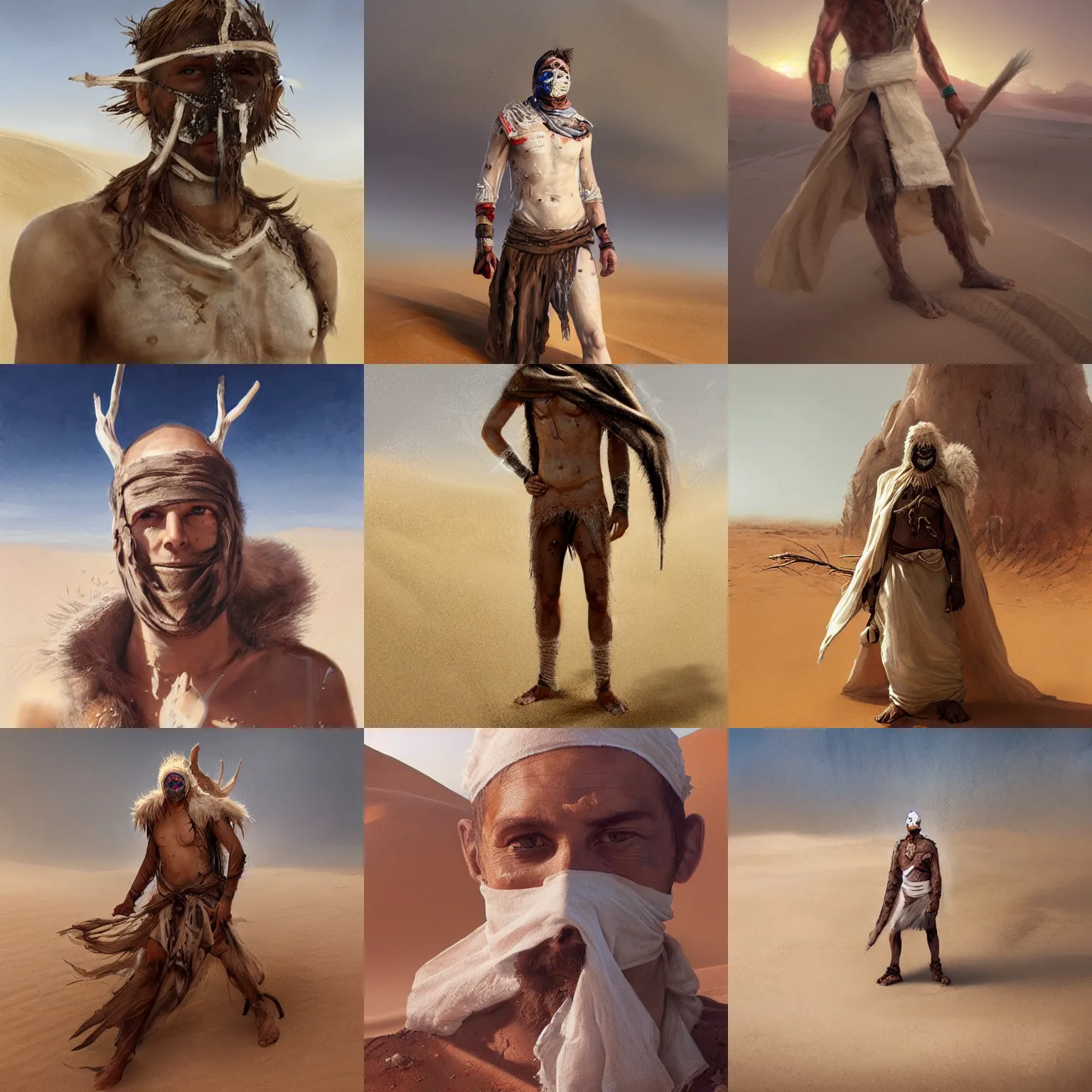 Prompt: a full body painting of a druid in a sand desert being covered in white - brown bandages over his face and body, greg rutkowski