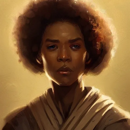 Image similar to portrait of a woman by greg rutkowski, youn jedi knight, black, afro hair, prettt, star wars expanded universe, she is about 2 0 years old, wearing jedi robes, highly detailed portrait, digital painting, artstation, concept art, smooth, sharp foccus ilustration, artstation hq