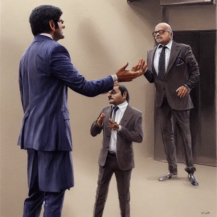 Image similar to portrait of tall indian man in a suit arguing with danny devito outside a bar, elegant, real life skin, intricate artwork, high detailed, artstation, concept art, smooth, sharp focus, art by artgerm and greg rutkowski