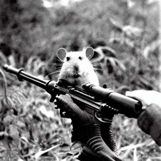 Image similar to “ hamster in the vietnam war firing an m 1 6, action shot, highly detailed, film photograph ”