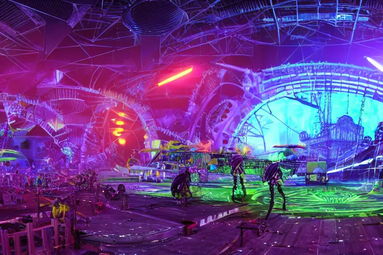 Prompt: an outdoor festival stage with audience, center of the stage is a big futuristic dieselpunk machine with gears and belts and tubes, rock musicians on the stage, laser show, 8 k, fluorescent colors, halluzinogenic, multicolored, exaggerated detailed, unreal engine