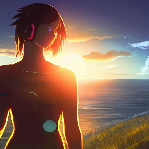 Image similar to A cyborg girl standing on the hill looking at the sea with a sunset in style of Makoto Shinkai and Cyberpunk. ArtStation, 8K, Highly Detailed, Intricate, Album Art.