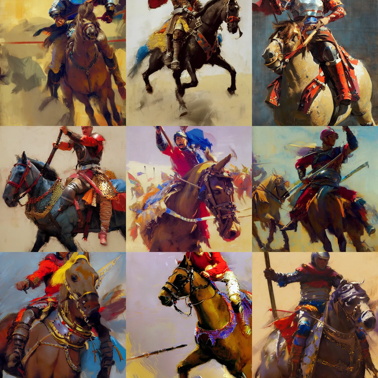 Prompt: close - up portrait of colorful rider holding couched jousting lance, caparisons, galloping, chainmail, elegant, detailed by greg manchess, bernie fuchs, ruan jia, walter everett