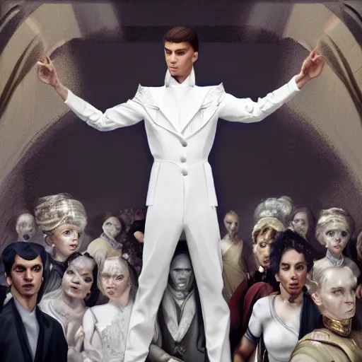 Prompt: portrait of a regal prince in futuristic white clothes, high collar, sharp cheekbones, hopeful expression, surrounded by a crowd of furious people, matte painting, digital art