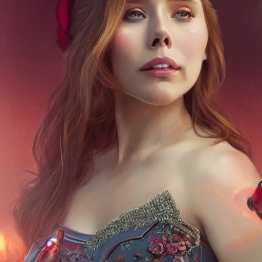 Prompt: ultra realistic illustration, elizabeth olsen as scarlet witch, intricate, elegant, highly detailed, digital painting, artstation, concept art, smooth, sharp focus, illustration, art by artgerm and greg rutkowski and alphonse mucha