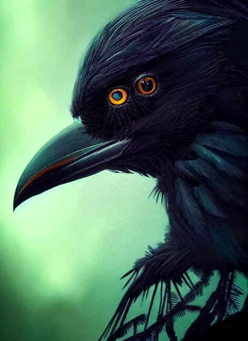 Image similar to side portrait dark crow (animal), close-up, fantasy forest landscape, moonshine, fantasy magic, nice black feather, proud, green dark light night, intricate, elegant, sharp focus, illustration, highly detailed, digital painting, concept art, matte, art by WLOP and Artgerm and Greg Rutkowski and Eddie Mendoza, masterpiece