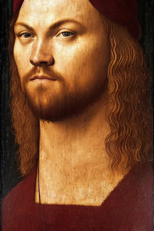 Image similar to 1 4 0 0 s renaissance portrait of leonardo dicaprio oil painting by jan van eyck, northern renaissance art, oil on canvas, wet - on - wet technique, realistic, expressive emotions, intricate textures, illusionistic detail