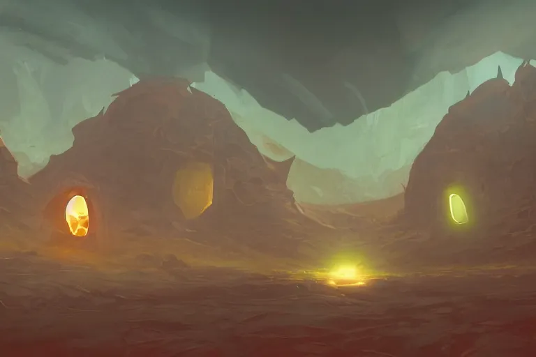 Image similar to a single distant fleshy glowing portal opens up in an otherwise dark and desolate landscape : retro, sci - fi, concept art