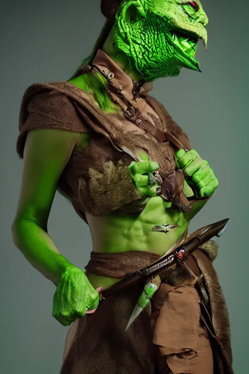 Prompt: a green-skinned female DND verdan, high resolution film still, 8k, HDR colors, cosplay, studio lighting, photo by bruce weber