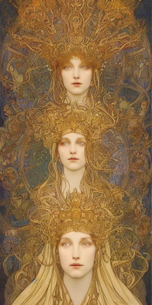 Image similar to portrait burning saint face, venus, athena, halo, by alphons mucha and annie swynnerton and jean delville, strong dramatic cinematic lighting, ornate headdress, flowing robes, spines, flowers, stars, lost civilizations, smooth, sharp focus, extremely detailed, marble, molten gold, space