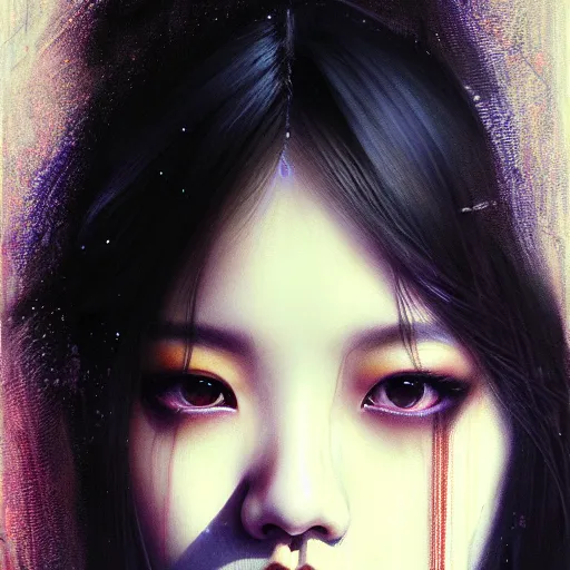 Image similar to jisoo of blackpink, hyperrealistic portrait, bladerunner street, by karol bak and agnes cecile, fantasy art, photo realistic, dynamic lighting, artstation, poster, volumetric lighting, very detailed face, intricate complexity, rule of thirds, 8 k, award winning