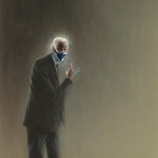 Image similar to presidential portrait of joe biden with shadowy mist pouring from mouth and nose as slenderman, by beksinski, jon mcnaughton, and stephen gammell