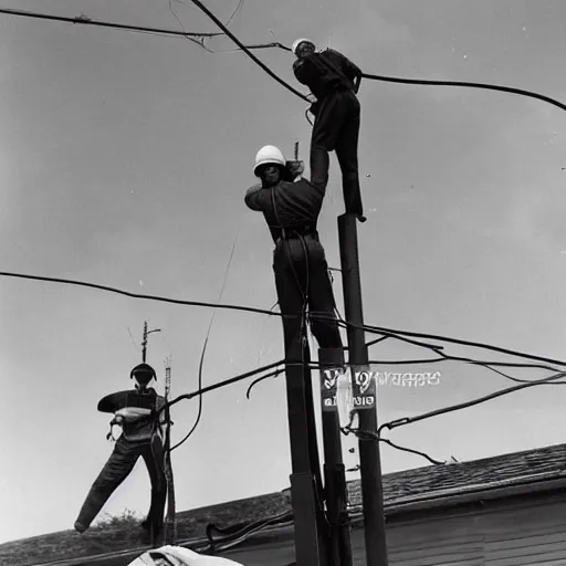 Prompt: A dramatic photo of a an electrician receiving CPR on top of a electric pole after being electrocuted (1967). Two electricians are wearing harnesses. Black and White