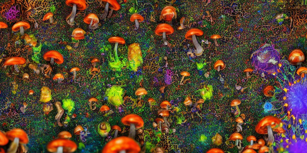 Prompt: Extremely detailed beautiful ultra wide-angle super-resolution electron microscopy image of micro detailed neurons visible to the horizon, shallow depth of field, mushrooms and slime molds rhizomorphs, photoreal, vivid colors, micro details, chromatic abberation, 8k, 3d sculpture, unreal engine, Dan Mumford