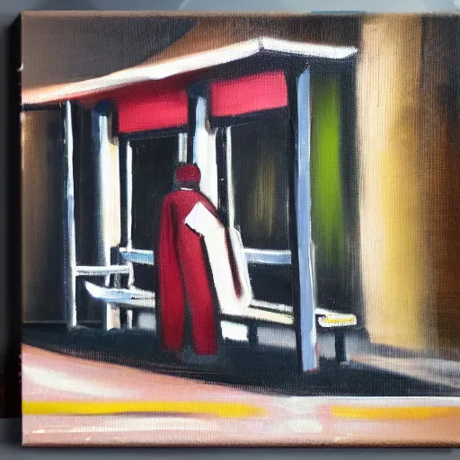 Prompt: a man waiting at a bus stop, oil painting, thick brush strokes!, on black canvas, street sign in corner