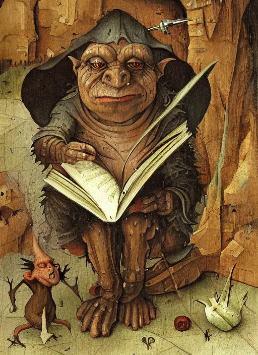 Image similar to a medieval goblin reading a book painted by hieronymus bosch, detailed digital art, trending on Artstation