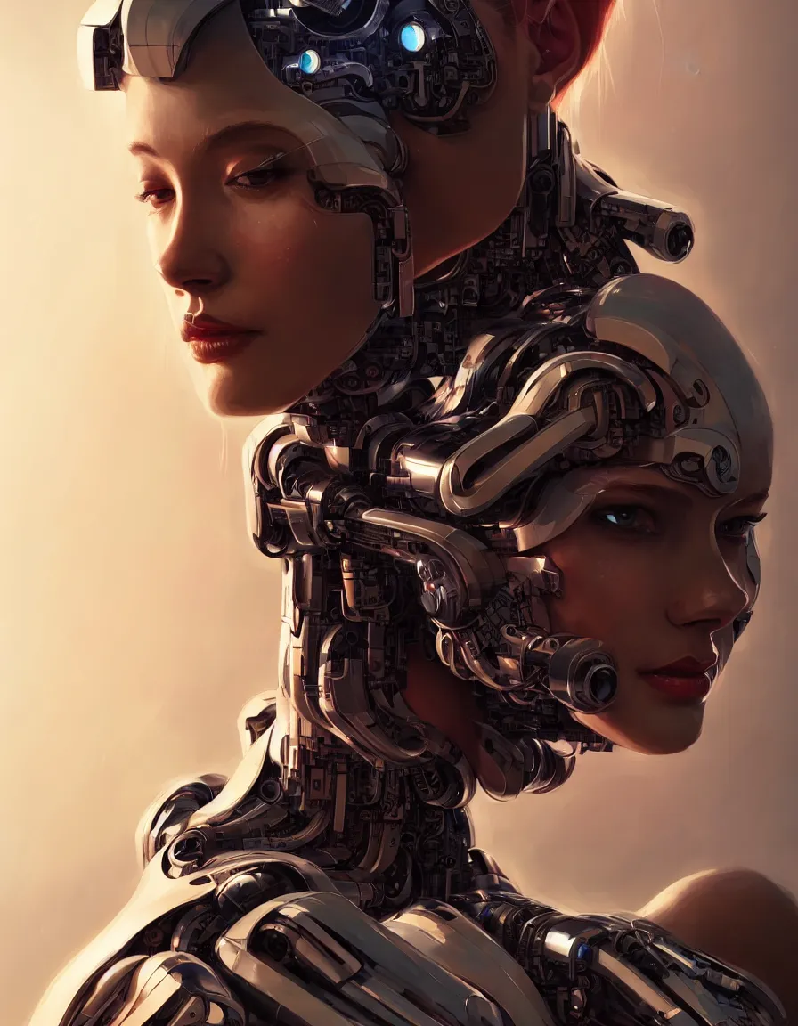 Image similar to portrait of a female cyborg. intricate abstract. intricate artwork, by tooth wu, wlop, bill sienkiewicz, syd mead. concept art, octane render, trending on artstation, greg rutkowski very coherent symmetrical artwork. cinematic, key art, hyper realism, high detail, octane render, 8 k, iridescent accents