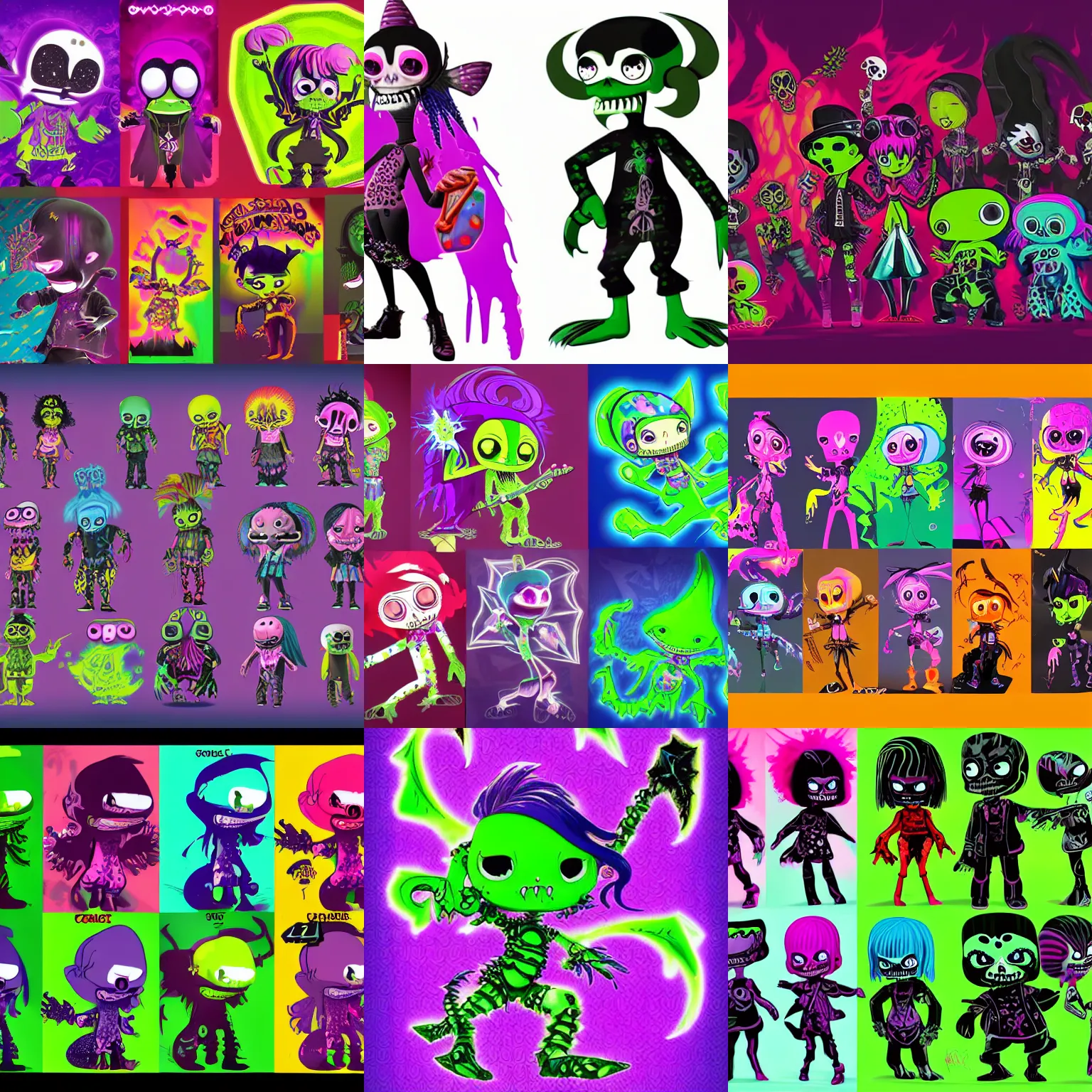 Prompt: CGI lisa frank gothic punk toxic glow in the dark bones vampiric rockstar vampire squid concept character designs of various shapes and sizes by genndy tartakovsky and the creators of fret nice at pieces interactive and splatoon by nintendo for the new psychonauts by doublefines tim shafer managed by pixar and overseen by Jamie Hewlett from gorillaz